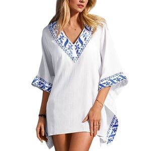 VICTORIA’S SECRET: White & Blue Embroidered Swimsuit Cover-Up -Medium/Large
